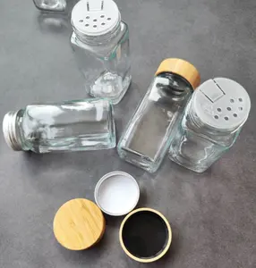 16盎司带竹盖的玻璃香料罐食品用多功能调味料和带筛盖的香料分配器