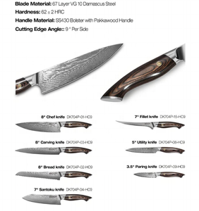 طقم سكاكين دمشقي 7 قطع، 67 طبقة من فولاذ VG10، سكاكين مطبخ يدوية الصنع بلمعة مرآة، سكين شيف دمشقي بمقبض خشبي - Product Image 3