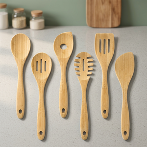 Juego de Utensilios de Cocina de Bambú de 6 Piezas con Cucharas, Espátulas y Tenedores, Aptos para Lavavajillas y Microondas, Utensilios Seguros para Alimentos - Product Image 1