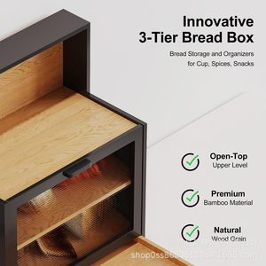 Boîte à pain en bambou, étagère de rangement en bois pour comptoir de cuisine avec étagère de présentation pour boulangerie et en-cas - Product Image 4