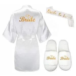 camisola e peignoir Suppliers-Conjunto de 3 peças de robe de noiva 2019, vestimenta com glitter dourado de cetim, curto, faixas de noiva, peignoir, feminino, ouro rosa, robe