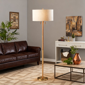 Lampadaire scandinave en laiton avec abat-jour blanc cassé, hauteur réglable, source lumineuse LED, éclairage pour salon et chambre - Product Image 1