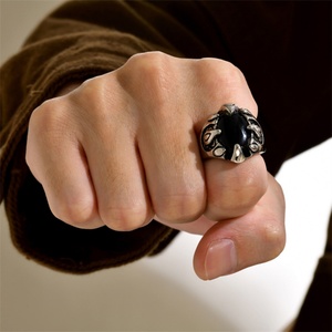 Fashion Fine Stainless Steel Geometric Black Glass <b>Bead</b> Dragon Claw Hoop Finger Rings - Product Image 4