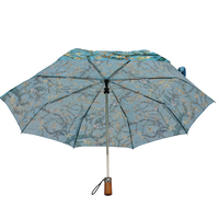 Parapluie de voyage pliable à trois sections coupe-vent avec manche en bois