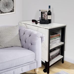 Multifunctional telescopic folding storage dining <b>table</b>, imitation marble double-layer shelf, small apartment <b>sofa</b> side <b>table</b> - Product Image 2