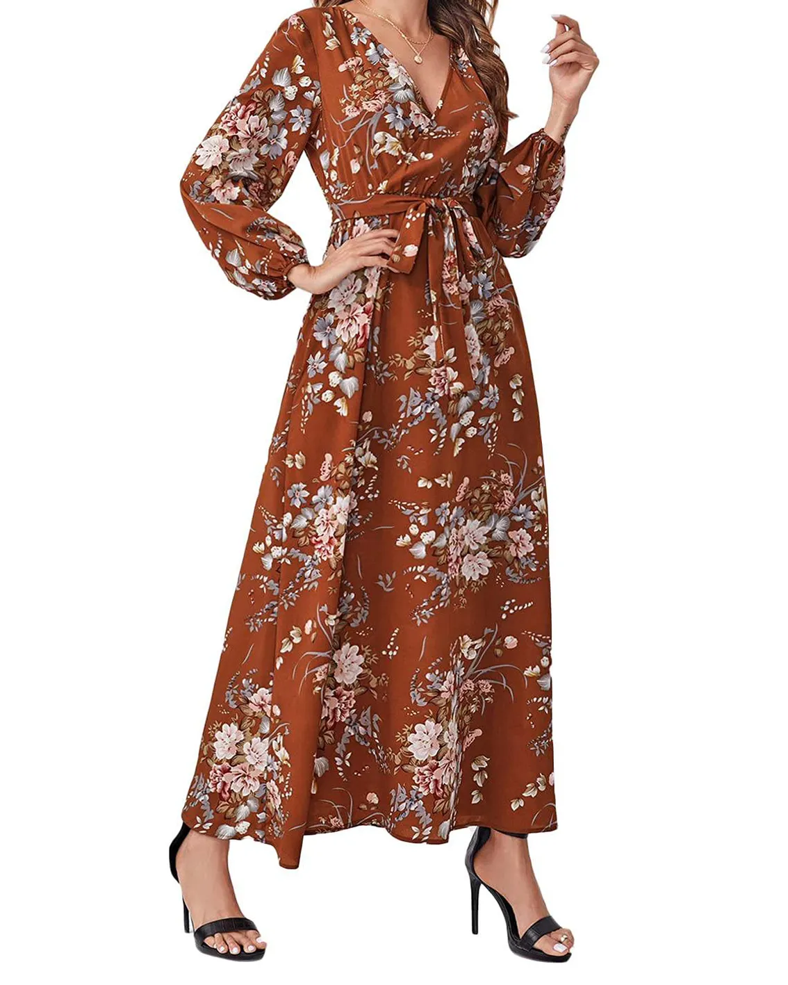 Botanical Print Bohemian dresses Floral Ruffle Hem Belted Long Dress Women long Sleeve A Line Boho Maxi Dress