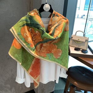 Large <b>Silk</b> Scarf Custom Logo Oil Painting Art Printed Yellow <b>Green</b> Square Shawl Wrap Headscarf Factory Direct Wholesale - Product Image 3