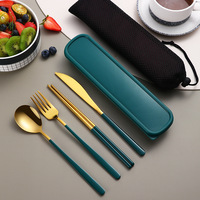 Ensemble de couverts portables 18/10 en acier inoxydable avec étui, cuillère, fourchette, baguettes, couleur or, pour voyage, camping, extérieur