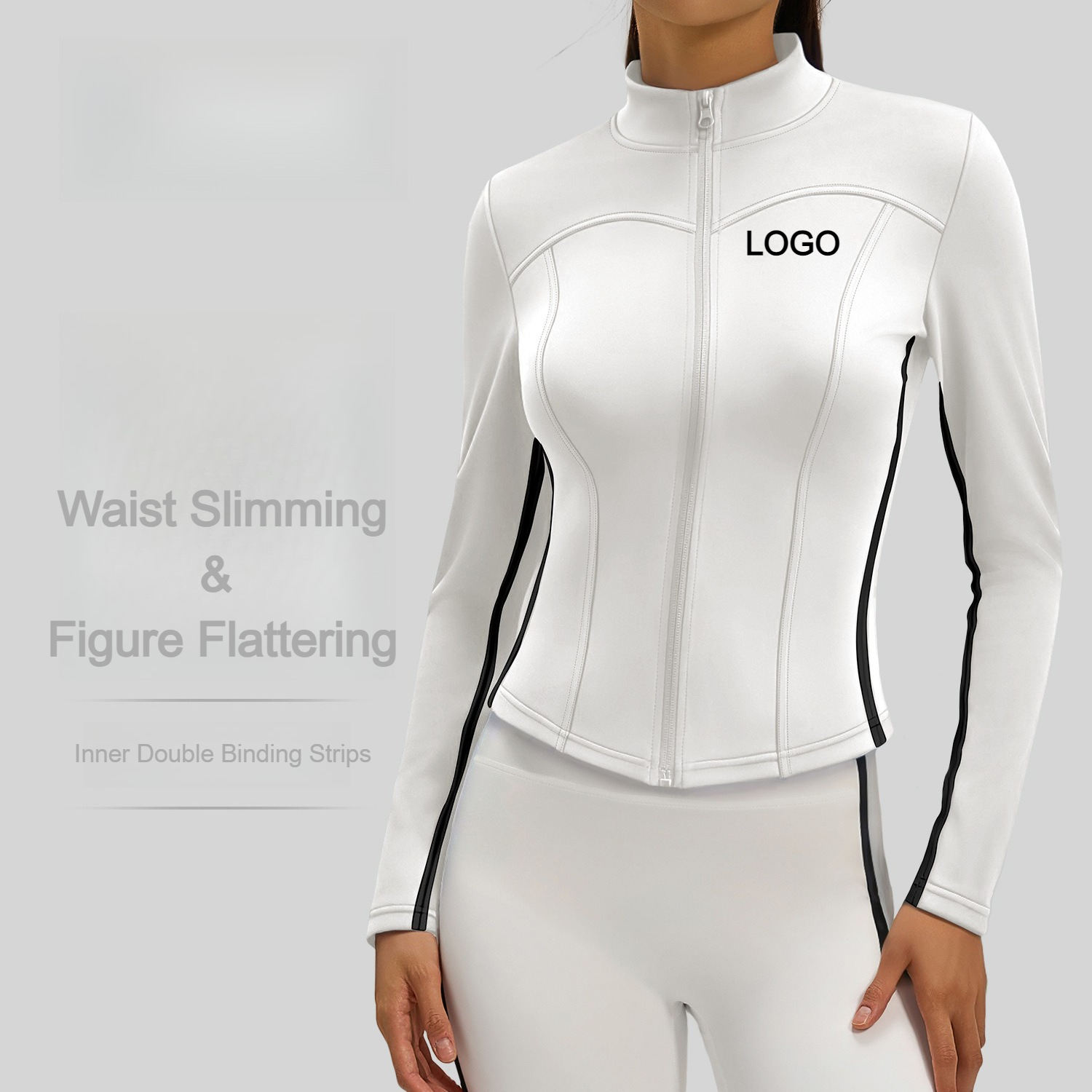 Custom LOGO Wholesale Women Line Accent Yoga Jacket Full Zip Stand Collar Slim Fit Long Sleeve Workout Top