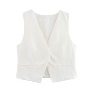 Chaleco Formal de Mujer con Cuello en V y Bolsillos, Tejido, Color Blanco - Product Image 1