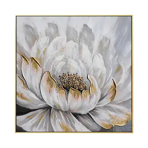 Büyük beyaz çiçek boyama 3D dokulu sanat altın soyut resim orijinal çiçek Impasto akrilik resim tuval üzerine