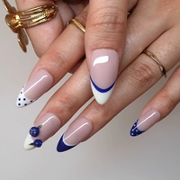 Ongles à presser en acrylique, bleu Klein, blanc crème, motif 3D imitant des myrtilles, pois et feuilles vertes, forme amande, certifiés CE