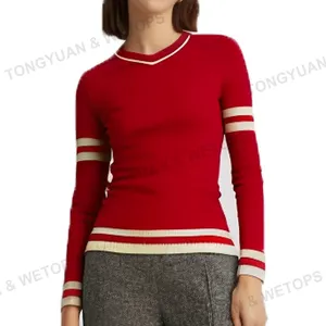 Sweater besar bordir Delta Sigma V Neck Stripe merah Pullover 1913 rajutan perkumpulan wanita kelompok kuliah memakai sweter Universitas