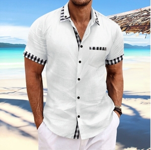 2024 été nouveau européen et américain hommes plage loisirs coton et chanvre poche épissage col à manches courtes <span class=keywords><strong>chemise</strong></span> - Product Image 1