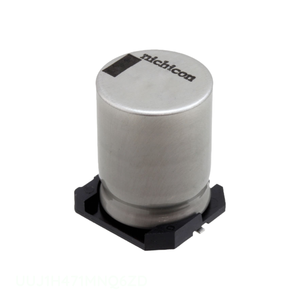 Condensador de Montaje Superficial UUJ1H471MNQ6ZD del Fabricante, Condensador de Aluminio de 470 UF, 20%, 50 V, SMD, 470 uF - Product Image 1