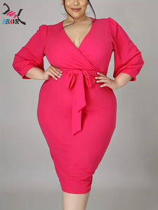 Robes pour femmes grandes tailles, couleur unie, sexy, col en V, tendance automne, vêtements pour femmes en surtaille, vente chaude - Product Image 5