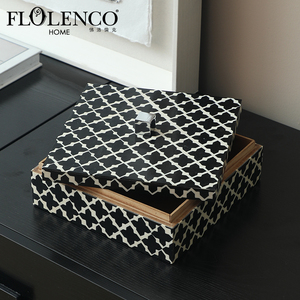 Flolenco Luxury Small Wooden <strong>Jewelry</strong> <strong>Box</strong> <strong>Decorative</strong> White Black Pattern with Cross-Shaped Ox Horn Bone Inlay Rectangle Shape - Product Image 1