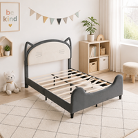 Lit plateforme rembourré en velours pour chambre d'enfant, avec oreilles de chat mignonnes, tête de lit et pied de lit à thème dessin animé, et sommier à lattes
