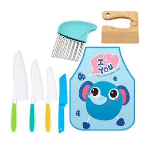 7件木制儿童厨房塑料刀套装儿童保险箱带锯齿状边缘塑料学步刀