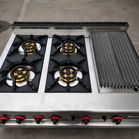 Cuisinière à gaz commerciale autonome à 4 brûleurs avec gril à pierres volcaniques et four à gaz, équipement de cuisine de restaurant en acier inoxydable
