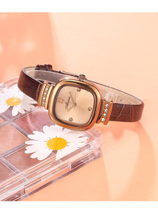 Montre élégante pour femme en or rose, cadran carré, cristaux, bracelet en cuir marron, cadran soleil, montre-bracelet à quartz - Product Image 5