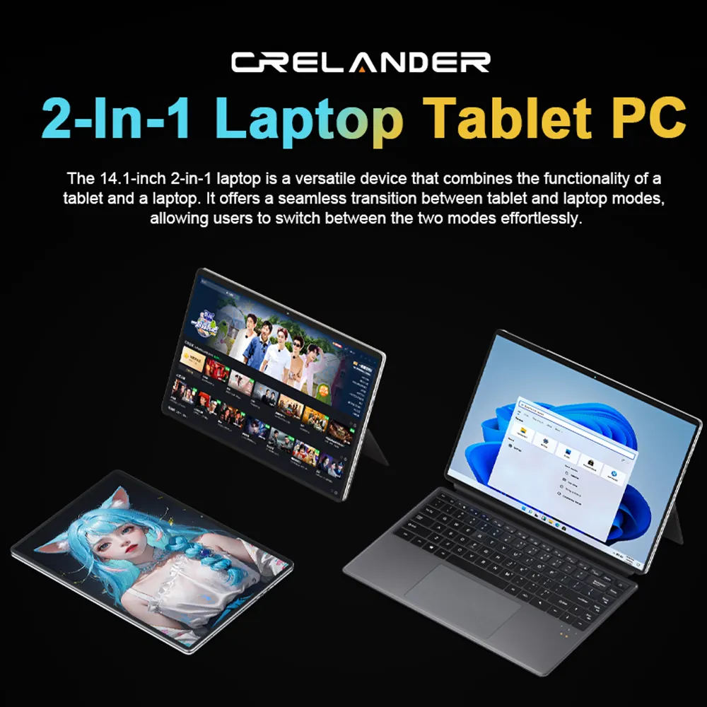 Crelander 14นิ้ว2 in 1แล็ปท็อป Intel หน้าจอสัมผัส N100 DDR5 16GB แล็ปท็อปแบบบางเฉียบแล็ปท็อปแท็บเล็ตพีซี