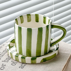 Tasse à café cappuccino en céramique moderne de 280 ml avec poignée et soucoupe, ensemble de tasses à latte rayées et assiette – Nouveauté très prisée - Product Image 5