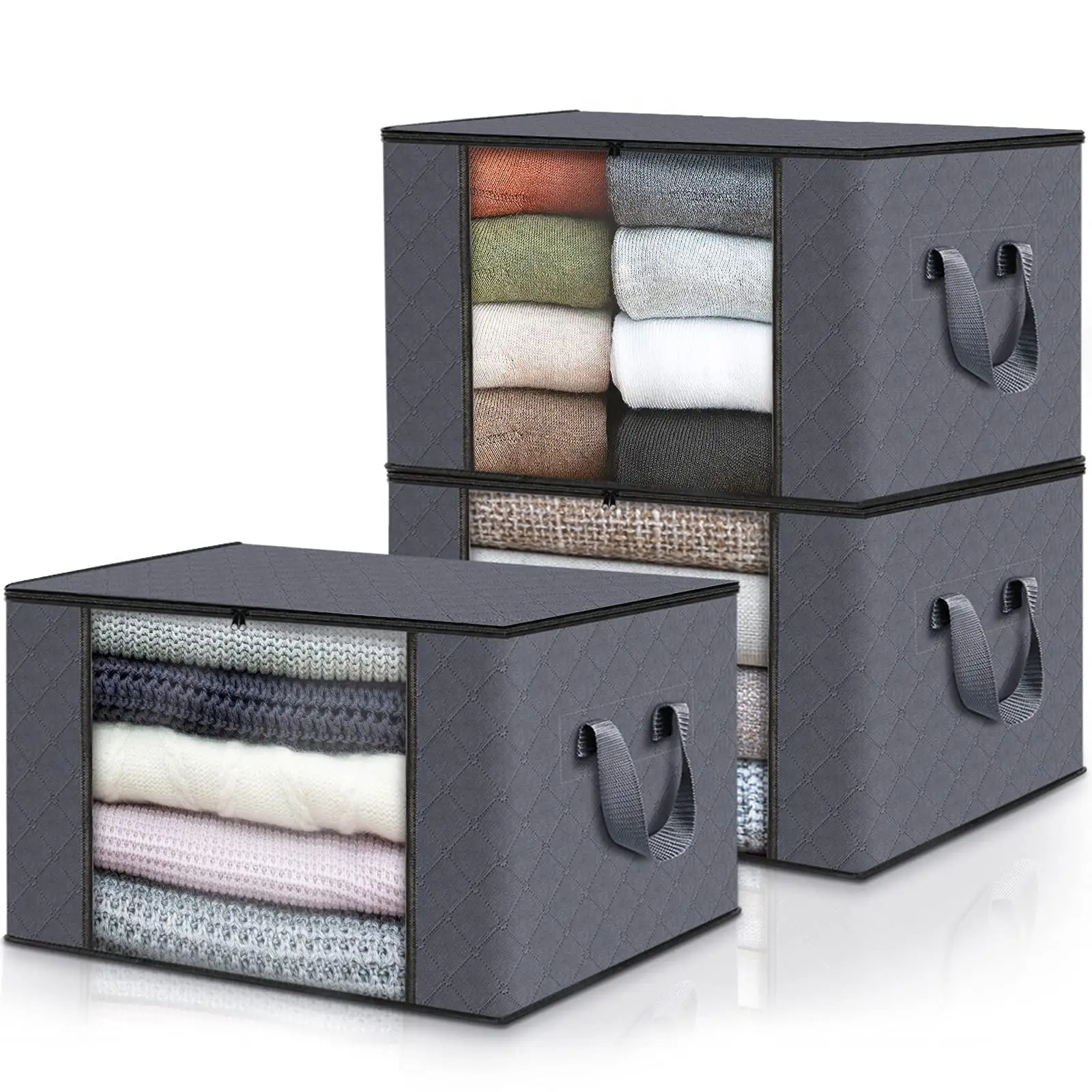 Bolsa de almacenamiento de ropa extragrande, manta plegable gris no tejida, con cremallera y ventana transparente