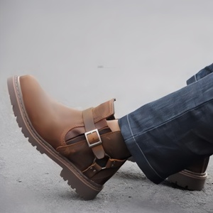 Bottes de travail en cuir pleine fleur pour hommes, bottes à la cheville tendance, bottes de chevalier vintage, chaussures en cuir à boucle - Product Image 6