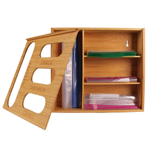 Factory wood wall mounted bamboo ziplock bag storage organizer holder with sliding cover