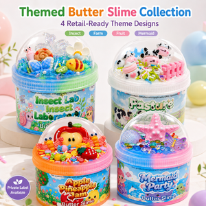 Slime au beurre personnalisé avec logo, 4 thèmes assortis : insectes, ferme, fruits, sirène, avec breloques et paillettes, OEM, marque privée, vente en gros - Product Image 1