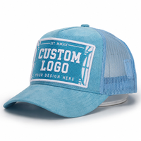 Casquettes de camionneur OEM personnalisées, tendance, 5 panneaux, haute qualité, bleu uni, visière incurvée, logo brodé 3D, maille, fermeture snapback, daim