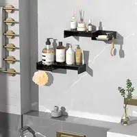 Organizador de acrílico preto, 2 pacotes sem furos, adesivo, shampoo, suporte organizador, prateleira de parede montado com ganchos