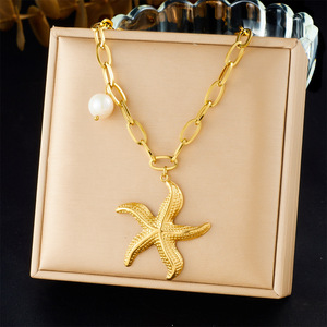 Gold Plated Starfish Pendant Necklace With Pearl Stainless Steel Chain Ocean Theme Fashion Jewelry Gift - Product Image 1