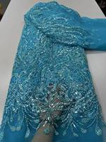Tissu 100% Polyester Brodé de Perles Lourdes et de Paillettes Africaines, Dentelle à Perles Françaises en Maille à Motif Floral pour Robe de Mariée