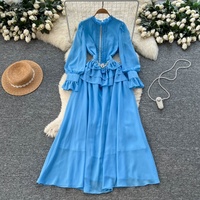 Robe longue élégante en mousseline à volants et manches longues, coupe trapèze, avec taille perlée et ourlet superposé, pour femme, idéale pour les soirées et occasions décontractées