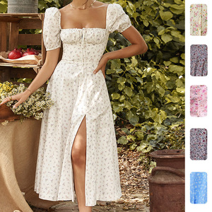 Nouvelle Robe d'été 2026 à la mode, imprimée, style français, motif floral, dos nu, ajustée, col licou, fendue, vente en gros, best-seller - Product Image 3