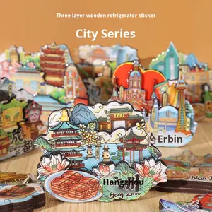 Réfrigérateur de ville à aimant stéréo 3D à trois couches de conception moderne Logo commémoratif d'attraction touristique chinoise en résine époxy en bois d'origine - Product Image 2