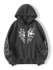 Giacca gotica con cappuccio a forma di cuore con stampa a forma di ragnatela giacca Punk con cerniera ampia felpe Oversize e felpe da uomo - Product Image 6