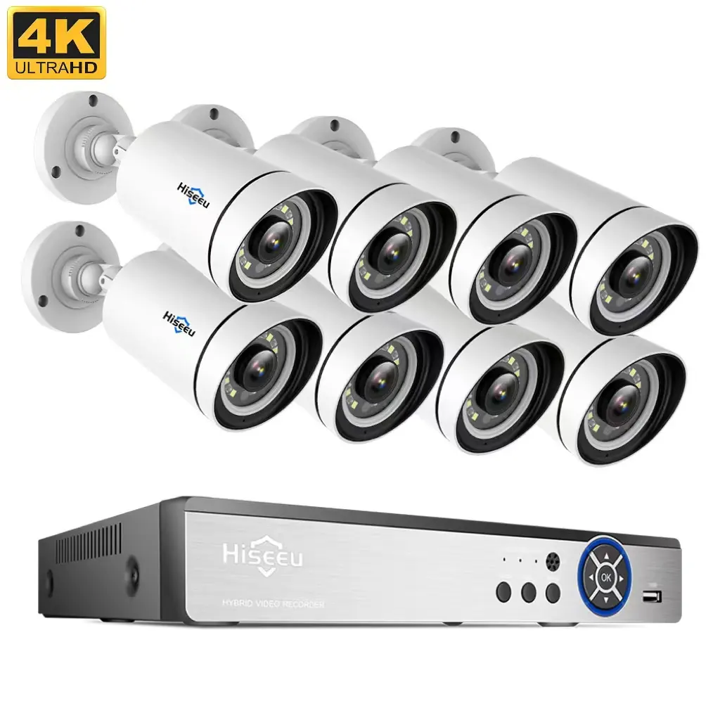 Hiseeu IP Street Poe Video Surveillance Kithome CCTV Security Camera System Two Way Audio Color Night Vision Outdoor 4K 8CH 8MP