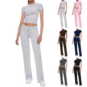 Ready Stock <b>Women</b> Solid Color T Shirt Pants Set Short Sleeve Casual Streetwear <b>Outfit</b> Custom Logo Polyester/Spandex <b>2</b>-<b>Piece</b> Long - Product Image 1