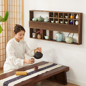 Solid Wood Chinese Style <b>Wall</b> Mounted Display <b>Shelf</b> Double Tier Rectangle Teapot Tea Set <b>Storage</b> Rack For Living Room - Product Image 1