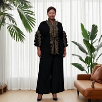 Ensemble 2 pièces élégant Miyake pour femme grande taille : Tunique décontractée à volants en dentelle et pantalon plissé à jambes larges – Tenue de soirée