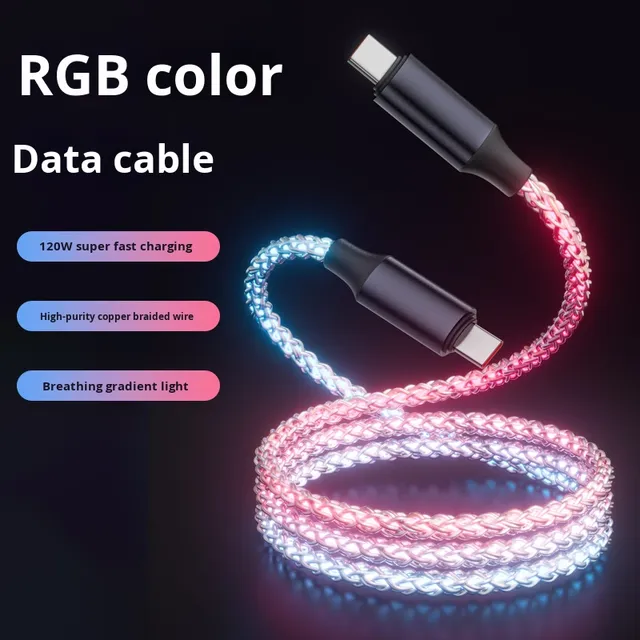 High Quality 66W Type-C PD RGB LED Light Cable Super Fast Charging with Fiber Optic PVC Jacket Metal Case for Multiple Uses