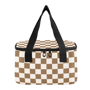 12 Cans Brown White Checkered Lunch Bag Reusable Insulated Tote Custom Logo Mini Cooler Lunch Bag with Short Handles - Product Image 6