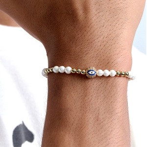 Evil Eye <b>Bracelet</b> Gold Beaded Pearl <b>Stretch</b> Unisex Jewelry Gift - Product Image 4