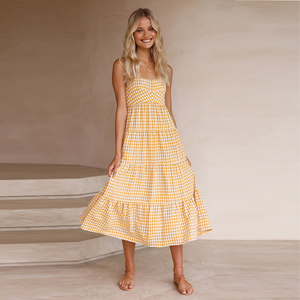 <span class=keywords><strong>Jupe</strong></span> à plusieurs niveaux robe vichy croix dos à volants robe mi-longue femmes été élégant robes décontractées personnalisé à carreaux plissé coton Plaid - Product Image 5