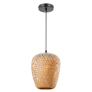 Lustre suspenso em forma de lanterna natural tecido à mão com pingente de lâmpada luzes de bambu