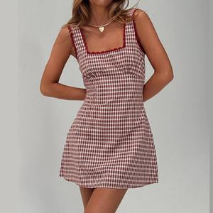 เดรสสั้นลายสก็อตคอเหลี่ยมแต่งลูกไม้เซ็กซี่ทรงเข้ารูปสำหรับผู้หญิง ดีไซน์เรียบหรู แขนกุด ผ้าฝ้ายลายตาราง - Product Image 1