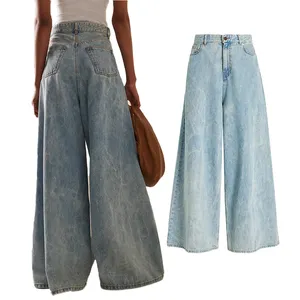 سراويل جينز عالية الجودة مخصصة للسيدات سراويل جينز مطاطية واسعة الأرجل قطن 100% جينز غير رسمي عالي الخصر ملابس حفلات